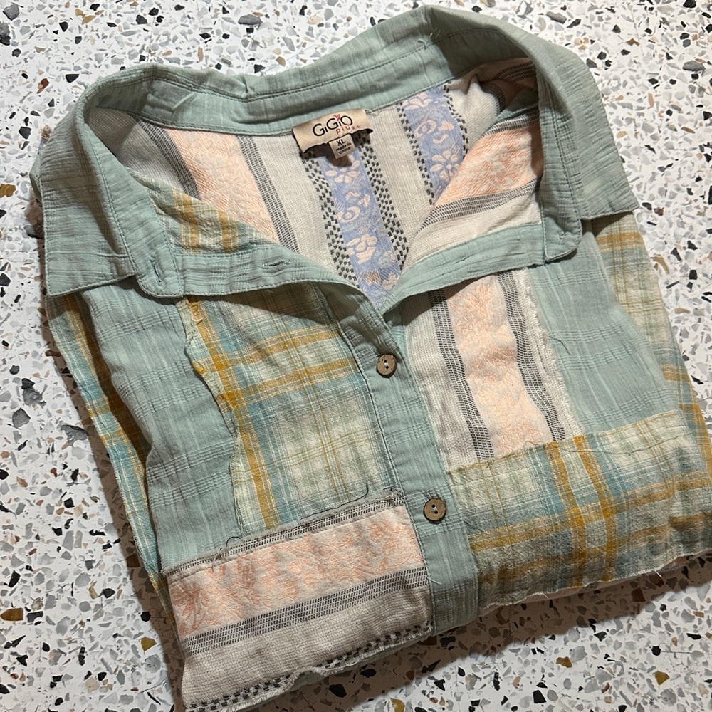 Gigio Multicolor Patchwork Button-Up Blouse Xl Ov… - image 8